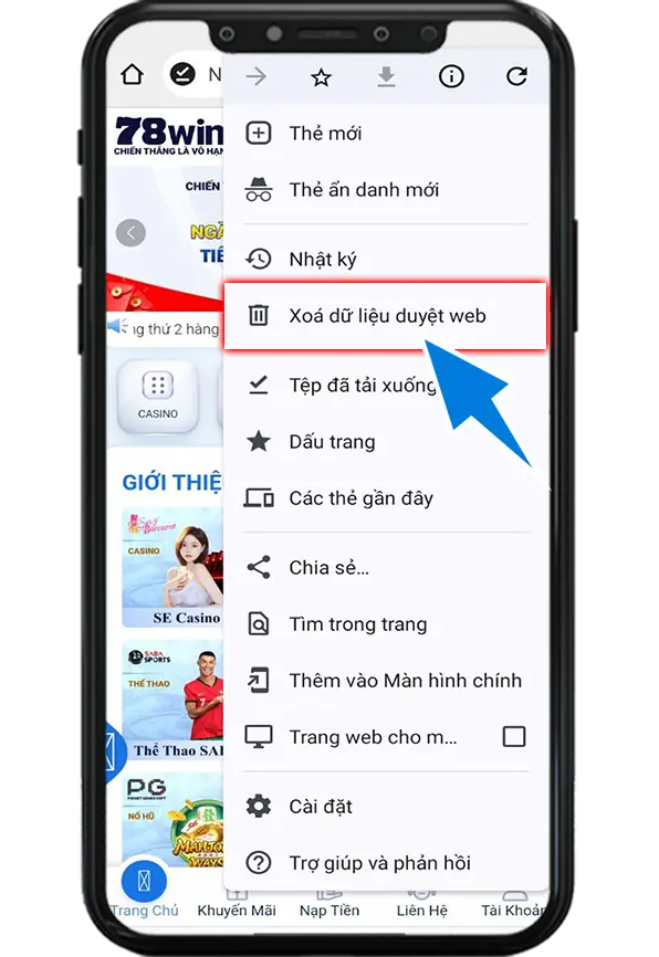 Bước 2 : Chọn Xóa Dữ Liệu Web
